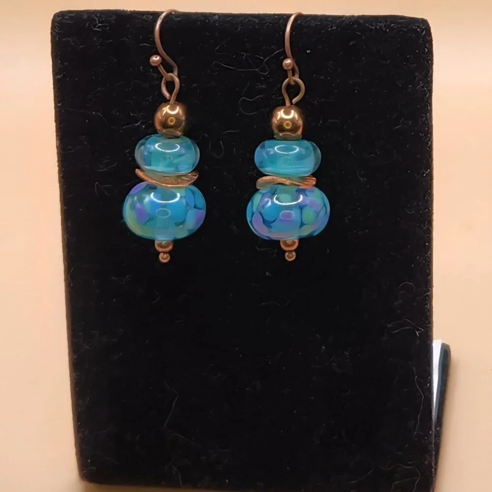 Teal Lampwork, Copper Hematite and Copper Drop Earrings